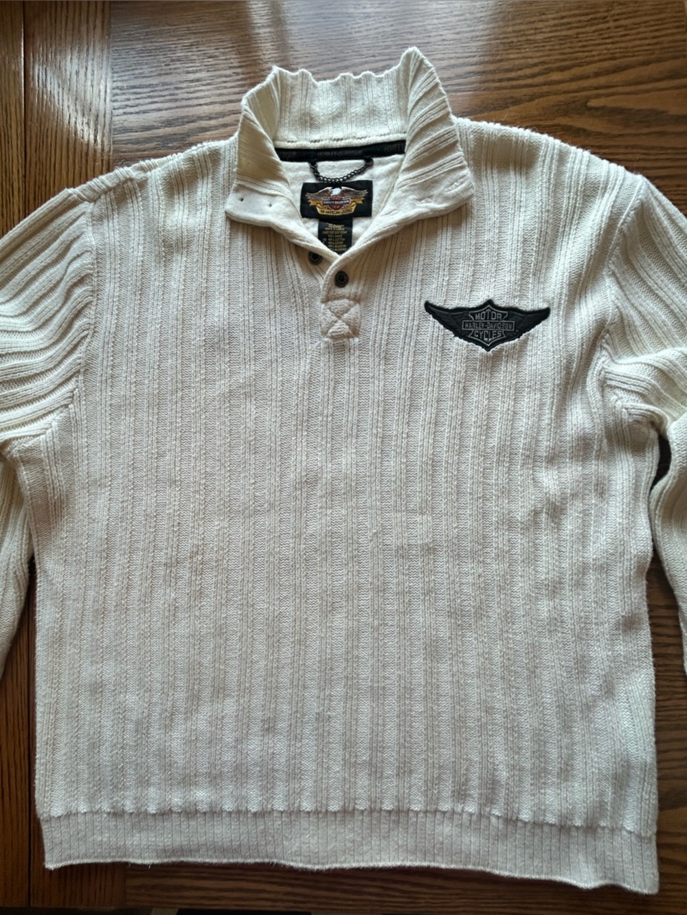 Harley-Davidson Vintage Cream Ribbed Button Pullover Sweater Embroidered Size XL